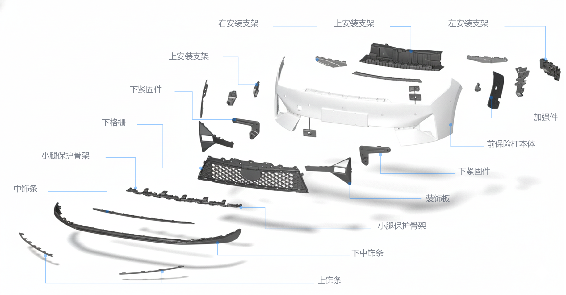 前保险杠完整零件爆炸图及工程标注